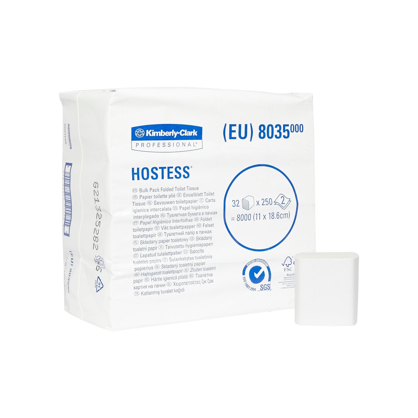 8035 Hostess skladaný toaletný papier, dvojvrstvový, 250 útržkov, veľké ekonomické balenie 32 kusov v kartóne