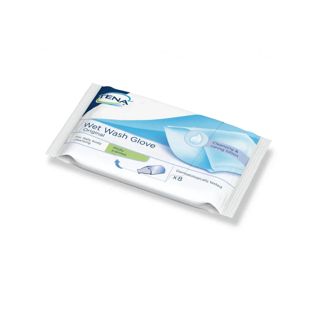 Tena Wet Wash Gloves, 8 ks vlhčených rukavíc na praktickú hygienu bez vody