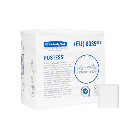 8035 Hostess skladaný toaletný papier, dvojvrstvový, 250 útržkov, veľké ekonomické balenie 32 kusov v kartóne